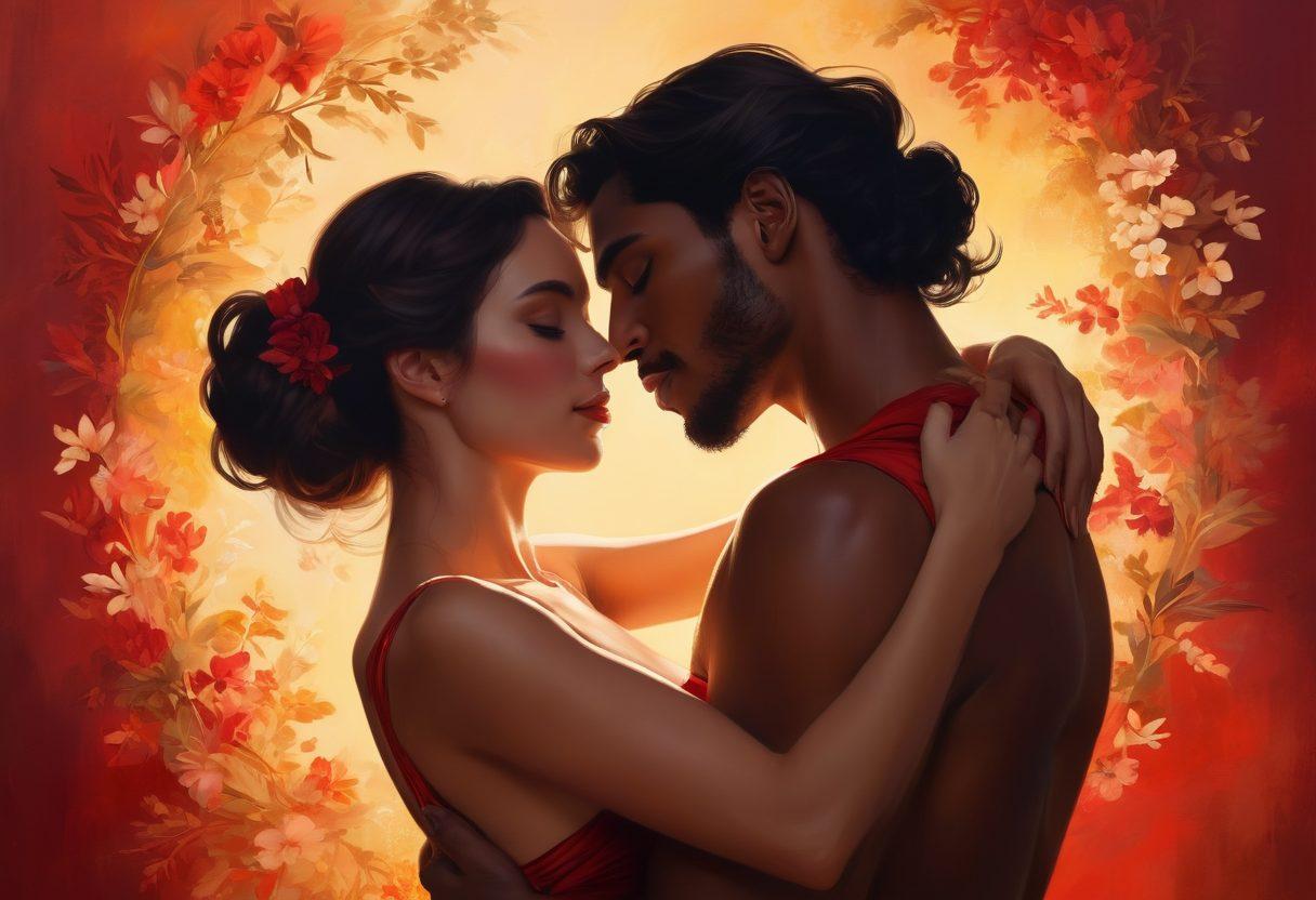 A breathtaking scene featuring a tasteful, artistic depiction of male and female silhouettes entwined in an intimate embrace, showcasing the beauty of human form through delicate lighting and soft shadows. Rich hues of red and gold illuminate the background, evoking passion and sensuality, while subtle hints of abstract floral patterns suggest affection. The focus is on the expressions of connection and tenderness, embodying the essence of love and artistry. digital painting. vibrant colors. warm tones.