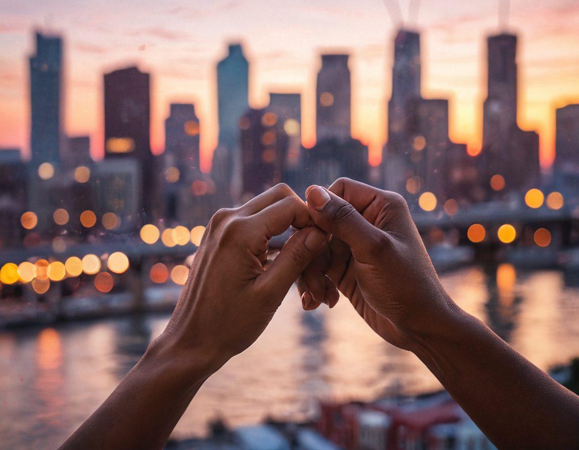 A close-up shot of a couple's hands intertwined, surrounded by soft, romantic lighting that highlights their connection. In the background, blurred silhouettes of a city skyline at sunset to symbolize love in urban life. Include subtle heart-shaped bokeh effects for an intimate focus. The color palette should evoke warmth and passion, with rich reds and soft pastels. super-realistic. vibrant colors. soft focus.